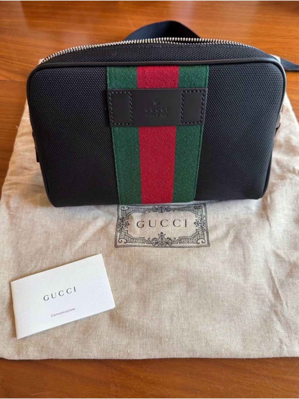 Gucci Techno Black Toiletry Pouch with Green and Red Web Stripe